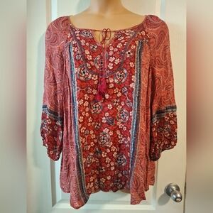 Dressbarn Sz 1X Boho Floral Tie-Front Peasant Top - Red